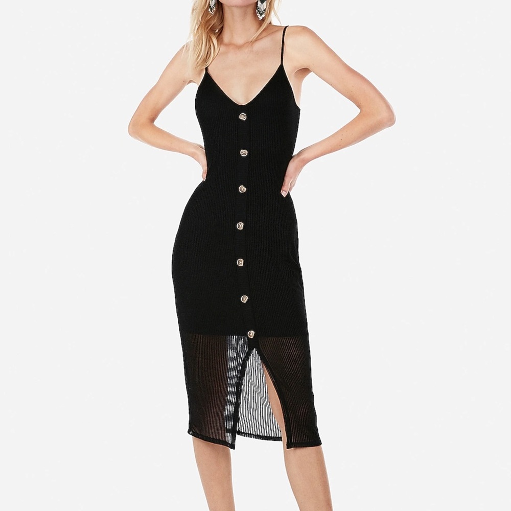 Black ribbed button front midi dress